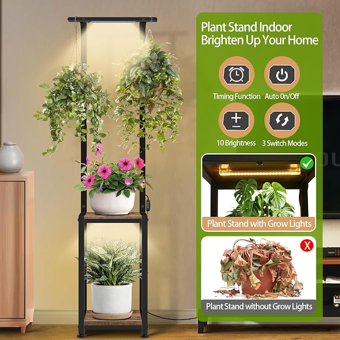 Plant Stand Indoor with Grow Lights, Hanging Plant Stand Plant Shelf Indoor - Image 2