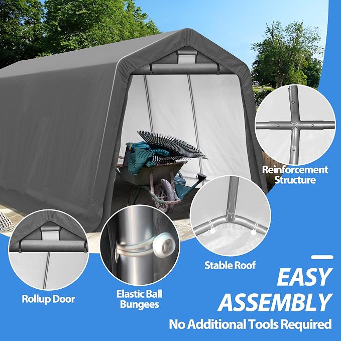 Portable Storage Shed, 8' x 14' Gray Steel Frame with Roll-Up Door