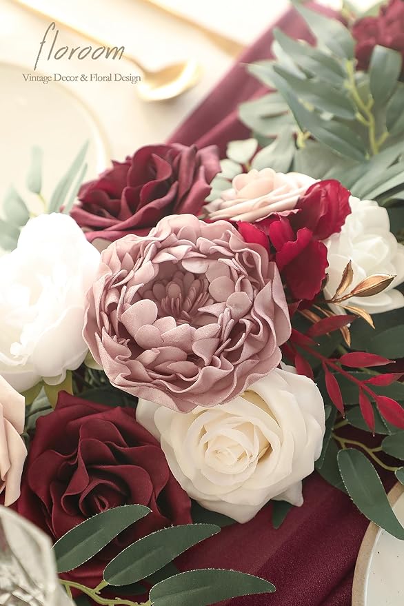 Artificial Flower Garland 6ft Burgundy and White Faux Silk Eucalyptus