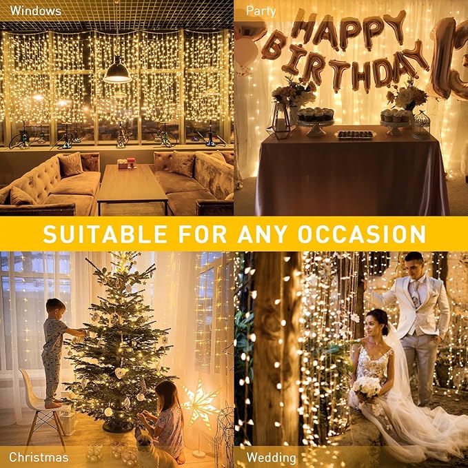 Indoor String Lights, 600 LED Warm White Curtain Lights with Remote