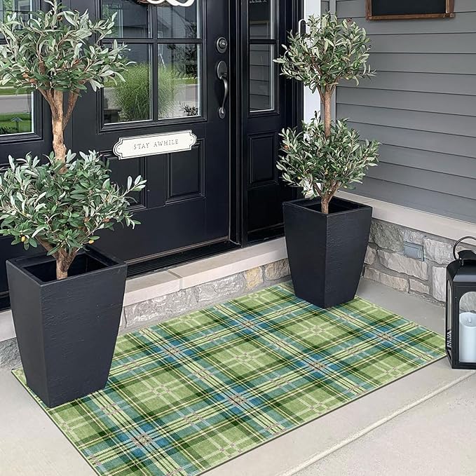 Outdoor Rug 2x4.3 Ft Green Plaid Tartan, Non-Slip Machine Washable