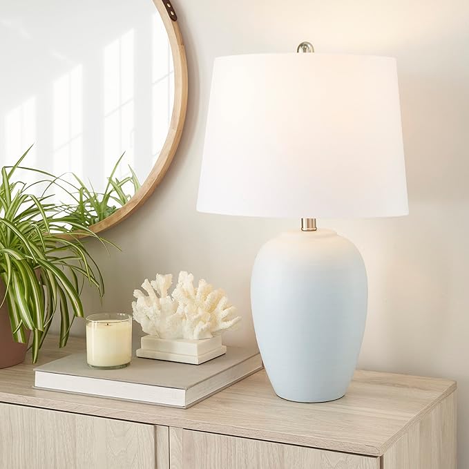 Table Lamp, Light Blue Painted Ceramic Base, White Shade, 3-Way Switch