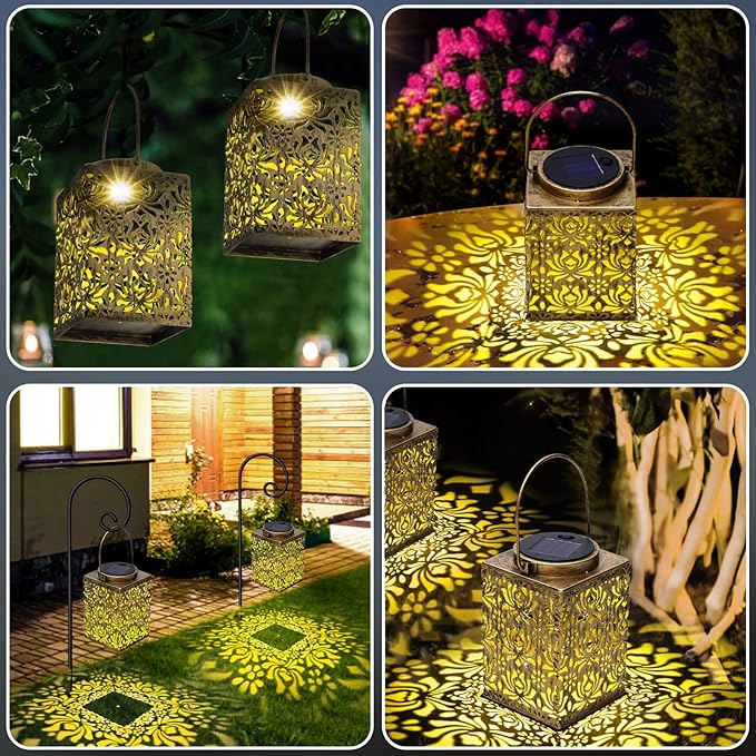 Solar Lanterns, 2 Pack Bronze Metal Waterproof Flower Pattern