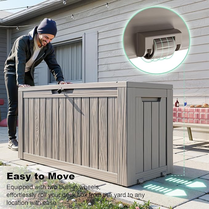 Deck Box, 75 Gallon Grey Resin Waterproof Lockable Outdoor Storage