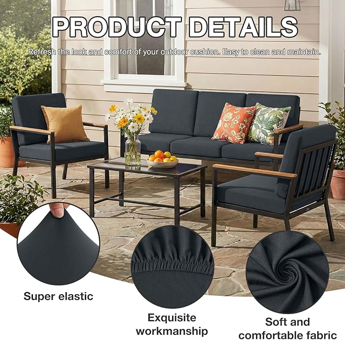 Patio Cushion Covers, 8-Piece Stretch Set in Dark Gray, Anti-Slip