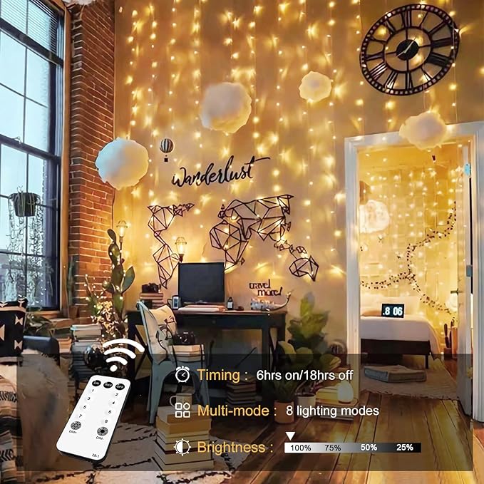 Indoor String Lights, 600 LED Warm White Curtain Lights with Remote