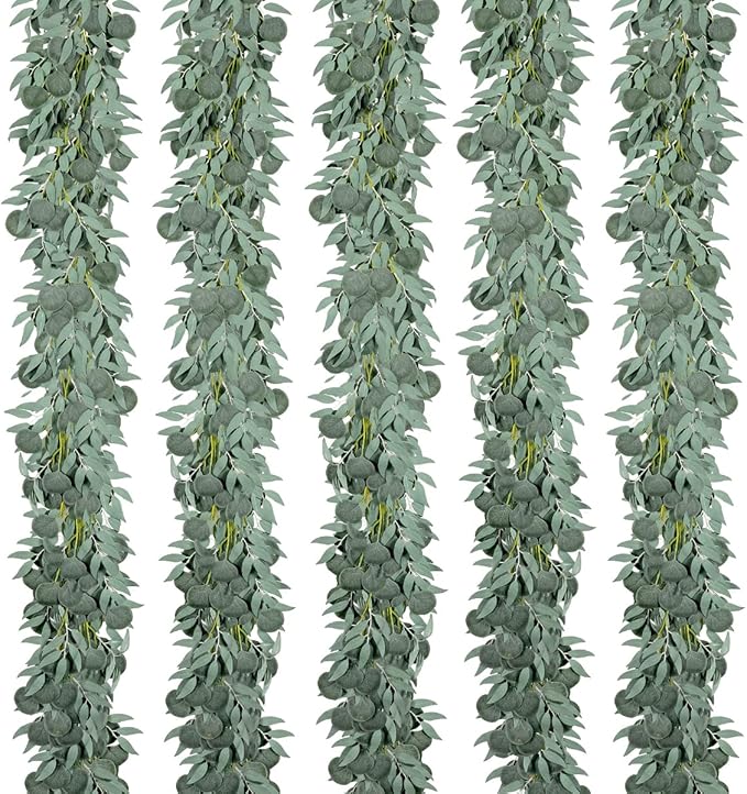 Artificial Plants Greenery Garland, 5 Pack Green Eucalyptus, 6.56 Ft Each