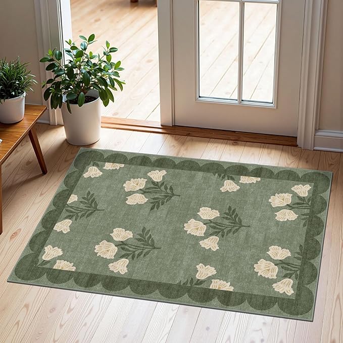 Outdoor Rug, Sage Green Floral Scalloped Edge, 2 x 3 ft