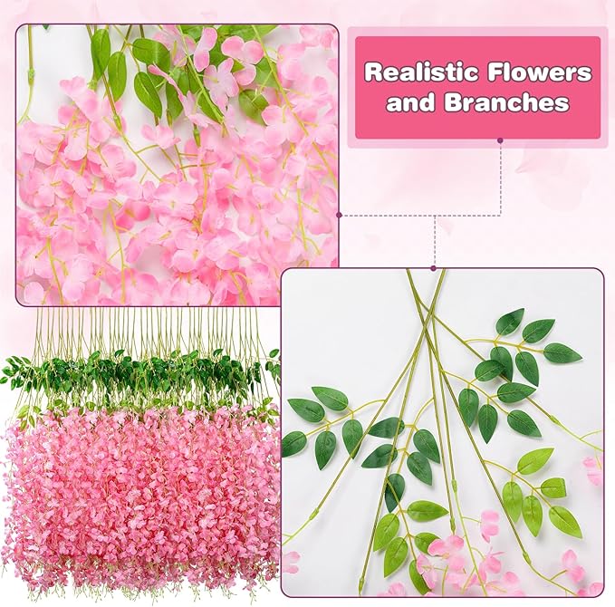 Artificial Wisteria Flower Vines, 75 Pink Silk and Plastic Stems, 3.6 Ft