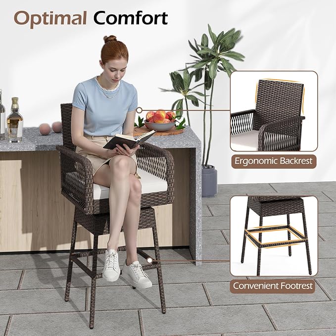 ORALNER Outdoor Wicker Swivel Bar Stools Set, Footrest & Seat Cushion, Metal - Image 5