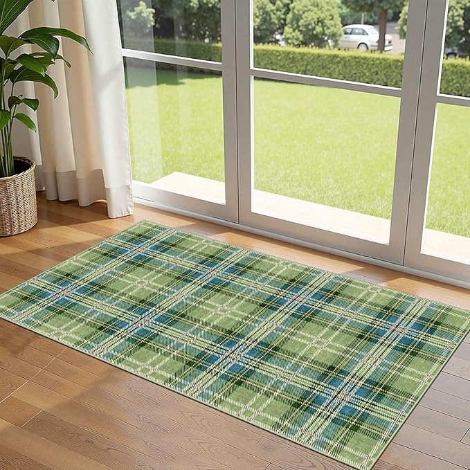 Outdoor Rug 2x4.3 Ft Green Plaid Tartan, Non-Slip Machine Washable