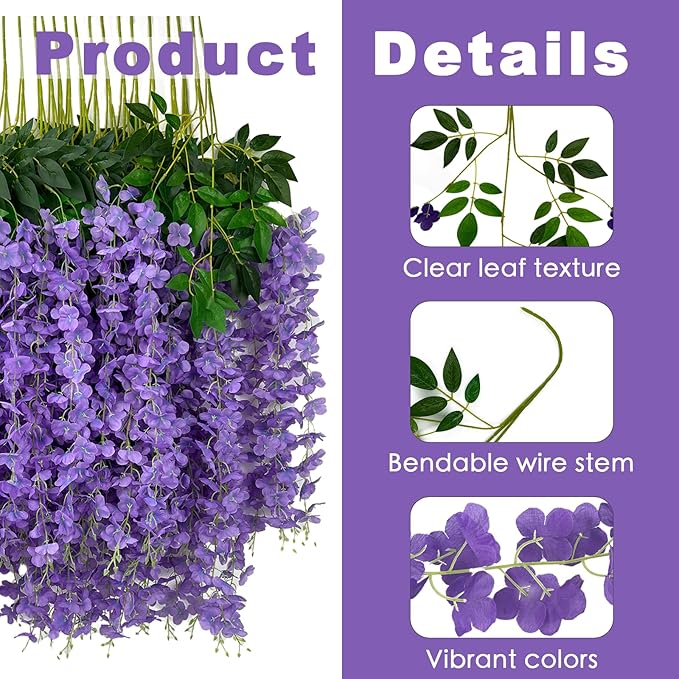 Artificial Wisteria Flower Vines, 48 Pack, Light Purple