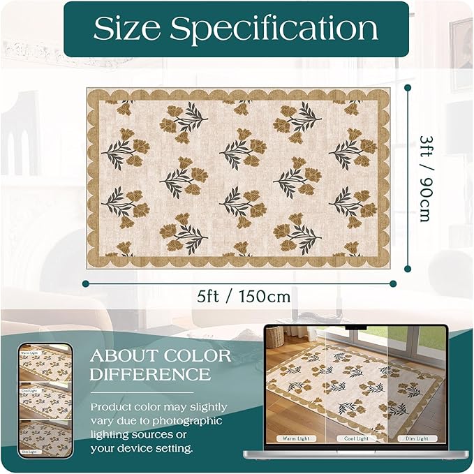 Outdoor Rug, 3x5 Beige Floral Entry Mat, Machine Washable