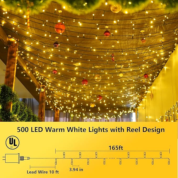 String Lights, 500 LED, 165 ft, Warm White, Outdoor Waterproof