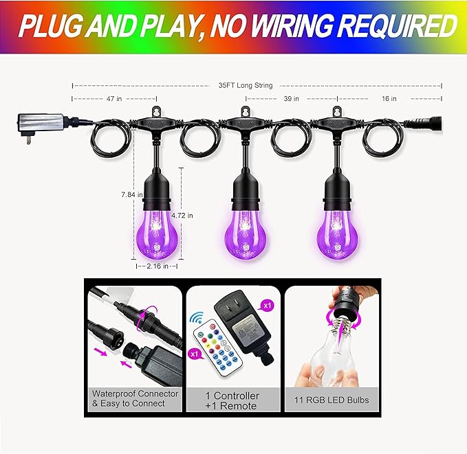Outdoor String Lights, 35 Ft Multicolor LED with Remote