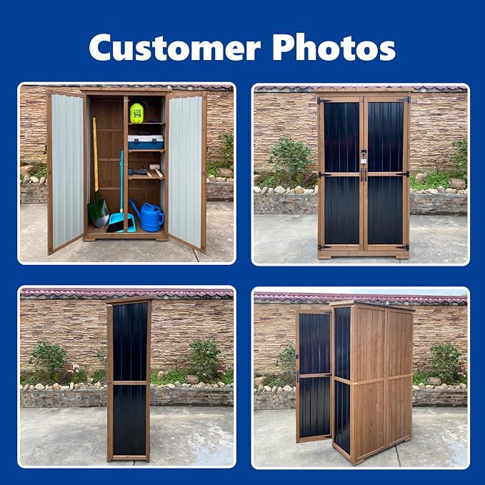 Storage Shed, Brown Wood and Metal Garden Cabinet with Waterproof Roof