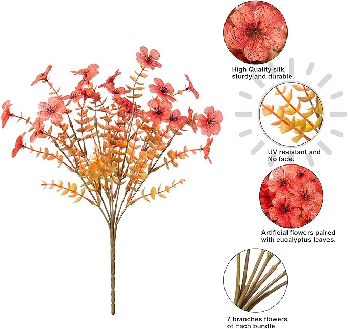 Artificial Daisy Flowers, 12 Bundles, Orange with Eucalyptus Leaves