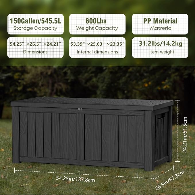 Deck Box, 150 Gallon Black Resin Outdoor Storage Chest with Lockable Latches