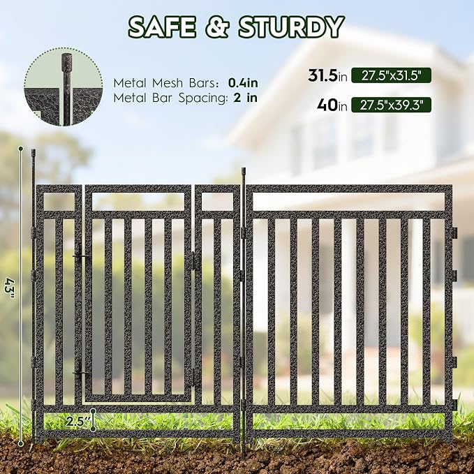 Decorative Fences 40in Tall Black-Silver Metal Garden Fence, 7 Panels and Gate