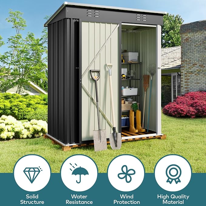 Outdoor Storage Shed, 5 x 3 ft Galvanized Steel with Lockable Door, Dark Gray