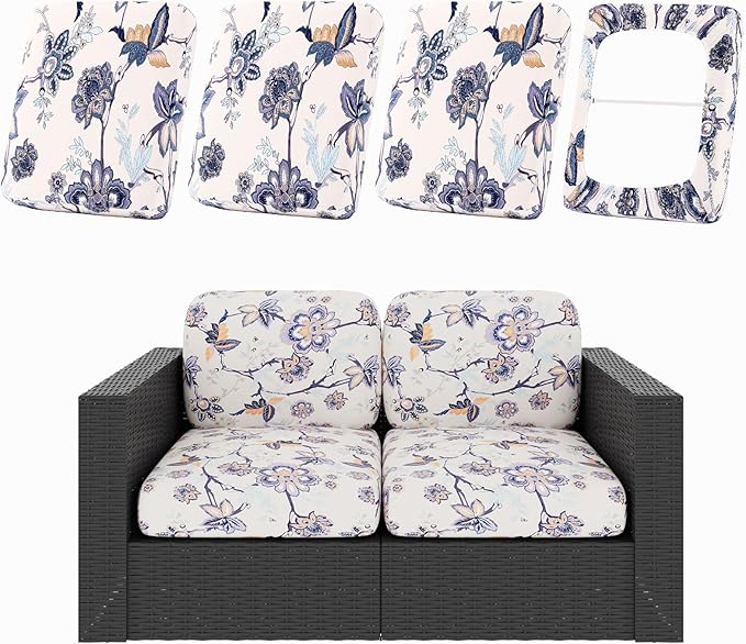 Patio Cushion Covers, 4-Piece Stretch Set in Vintage Flower Print
