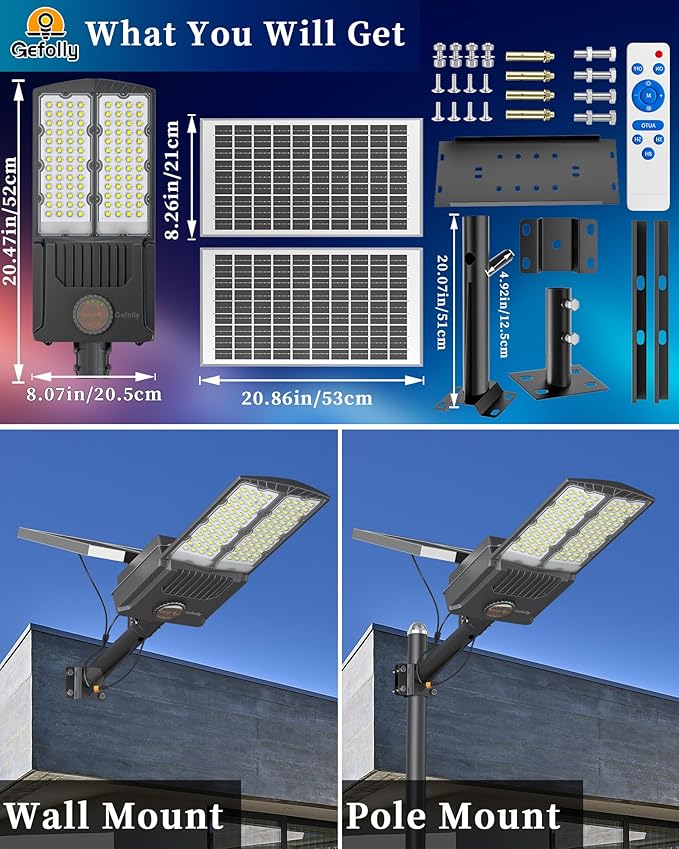 Street Area Lighting, Solar Powered, 104 LED Beads, Black Aluminum