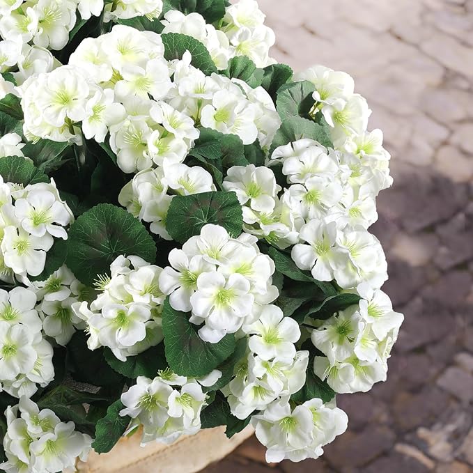 Artificial Geranium Flowers, White Silk, UV Resistant, 6 Bundles