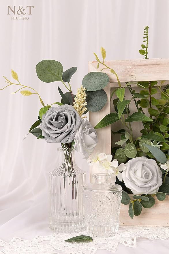 Artificial Flowers: 50 Foam Roses in Silver White and Silver Grey