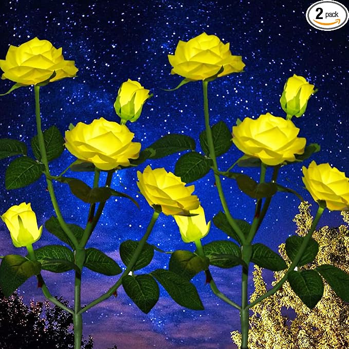 GONIMY Outdoor Realistic Solar Powered Rose Flower Lights Stake, 2 Pack 10 Rose by GONIMY