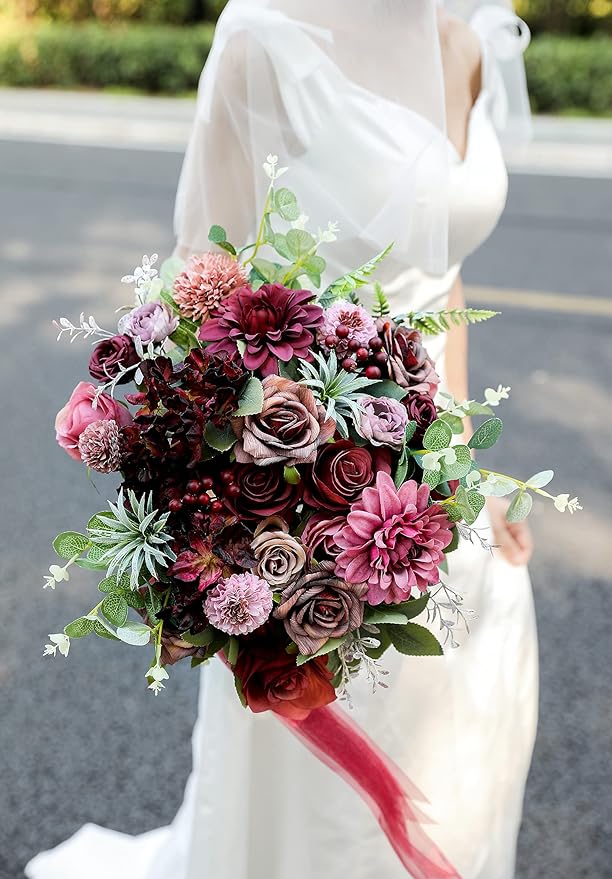 Artificial Flowers Burgundy Faux Silk Dahlia Set, 25 Pcs with Green Leaves