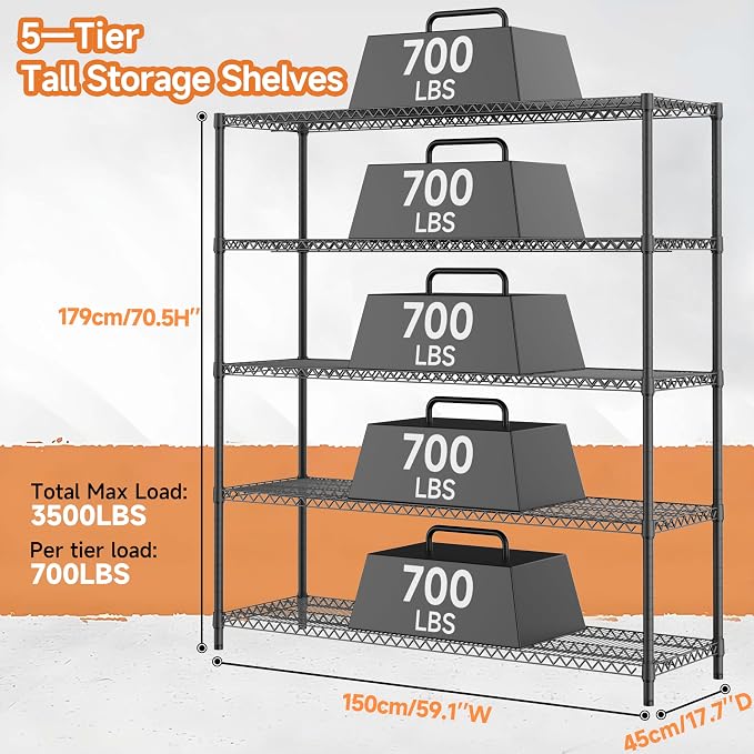 3500LBS 59" W 5 Tiers Storage Shelves, Metal Shelving Wire Metal Shelving Unit - Image 3