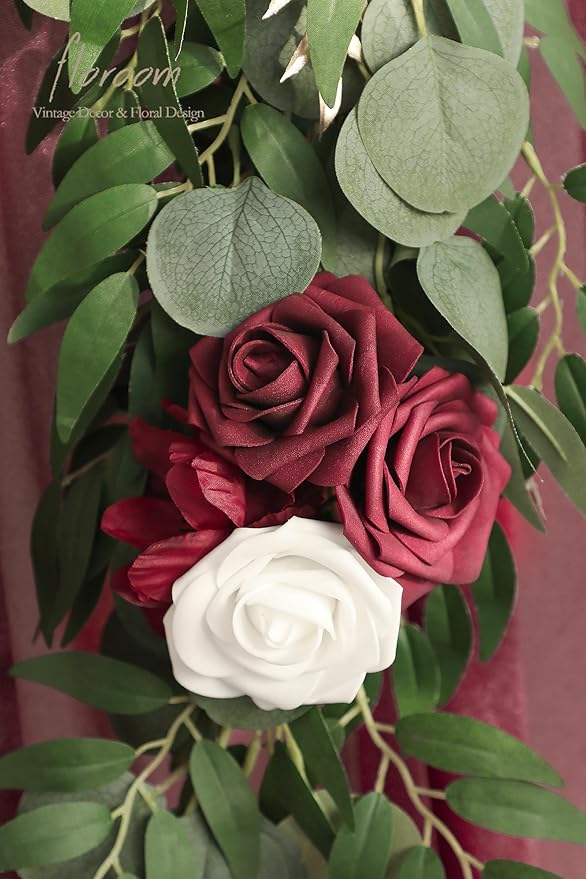 Artificial Flower Garland 6ft Burgundy and White Faux Silk Eucalyptus