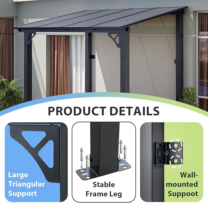 Pergola with Aluminum Frame, UV-Blocking Polycarbonate Roof, 95 x 62 Inch