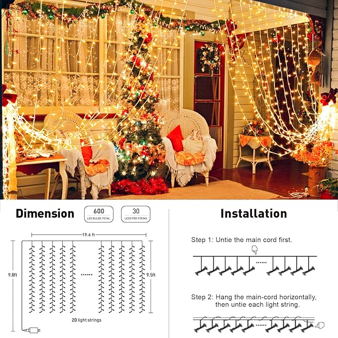 Indoor String Lights, 600 LED Warm White Curtain Lights with Remote