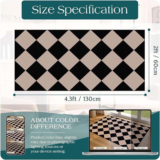 Outdoor Rug Door Mat, Black and Tan Checkered, 2 x 4.3 Ft