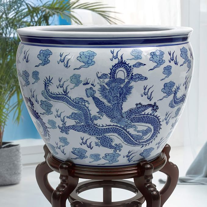 Red Lantern 14" Dragon Blue & White Porcelain Fishbowl Planter or Cachepot - Image 7