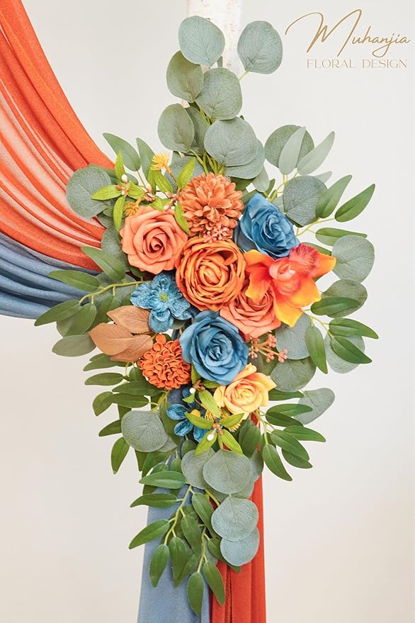 Artificial Flowers Arch Kit Burnt Orange and Dark Teal with 2 Chiffon Drapes