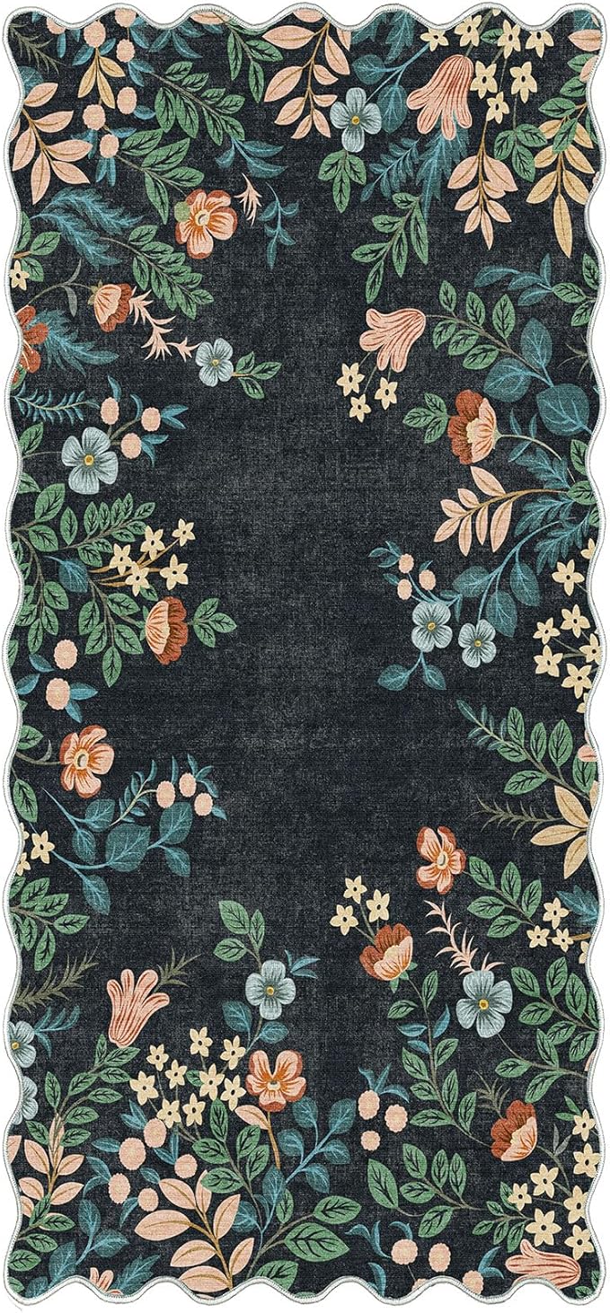 Outdoor Rug Non-Slip Boho Floral Door Mat, Black, 2 x 4.3 Ft
