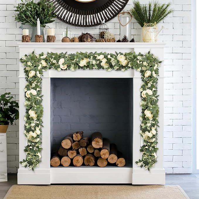 Artificial Eucalyptus Garland with Champagne Roses, 2 Pack