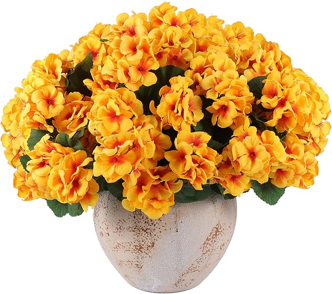 Artificial Geranium Flowers, Yellow Silk, 6 Bundles for Indoor/Outdoor Decor