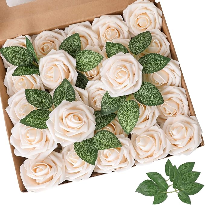 Artificial Flowers: 50 Champagne Rose Heads with Wire Stems, Foam