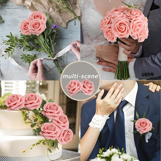 Artificial Flowers: 200 Pink Roses with 100 Leaves, Wired Stems