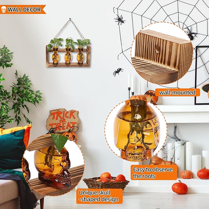 Terrarium Propagation Station, 3-Piece Amber Skull Glass Set with Wood Stand