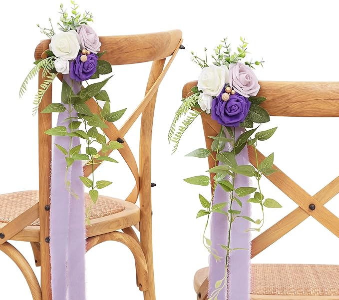 Artificial Flowers, Set of 10 Purple Rose Pew Decor for Aisle Chairs
