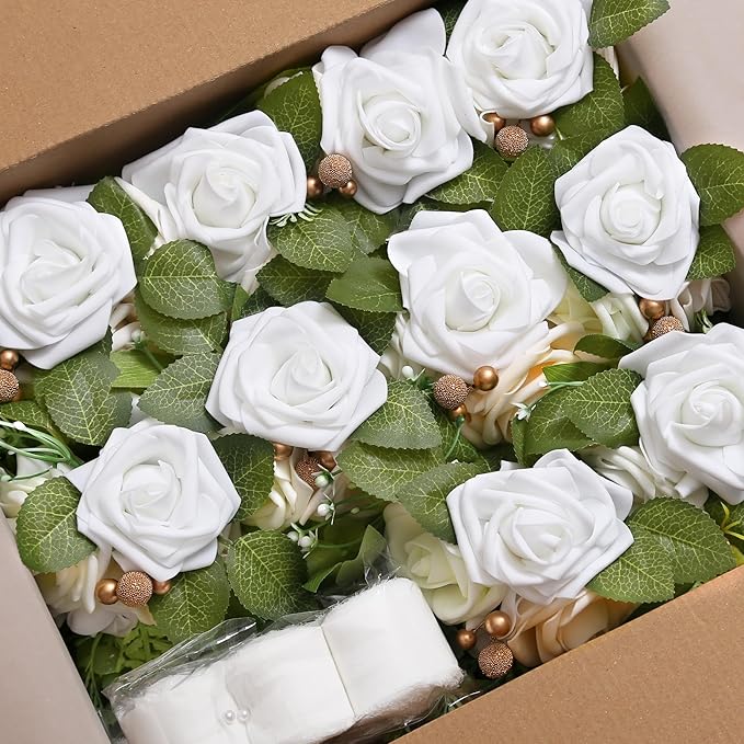 Artificial Rose Pew Flowers, Set of 10, White Wedding Aisle Chair Decor