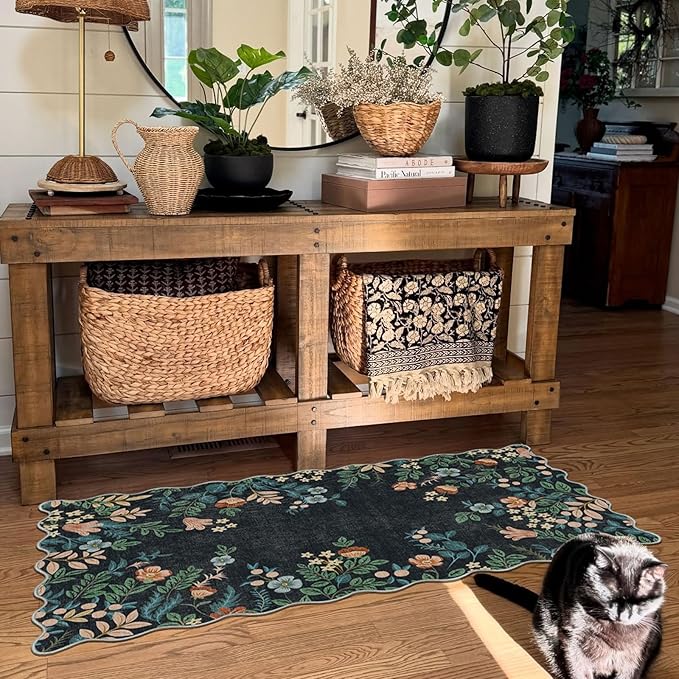 Outdoor Rug Non-Slip Boho Floral Door Mat, Black, 2 x 4.3 Ft
