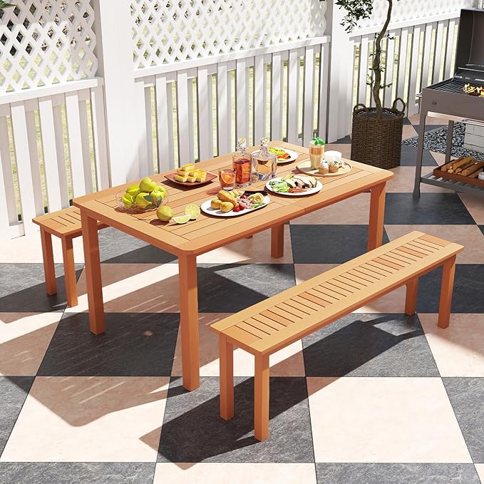 Tangkula Outdoor Wood Bench, 59” Long Patio Dining Bench Set of 2, Backless - Image 2