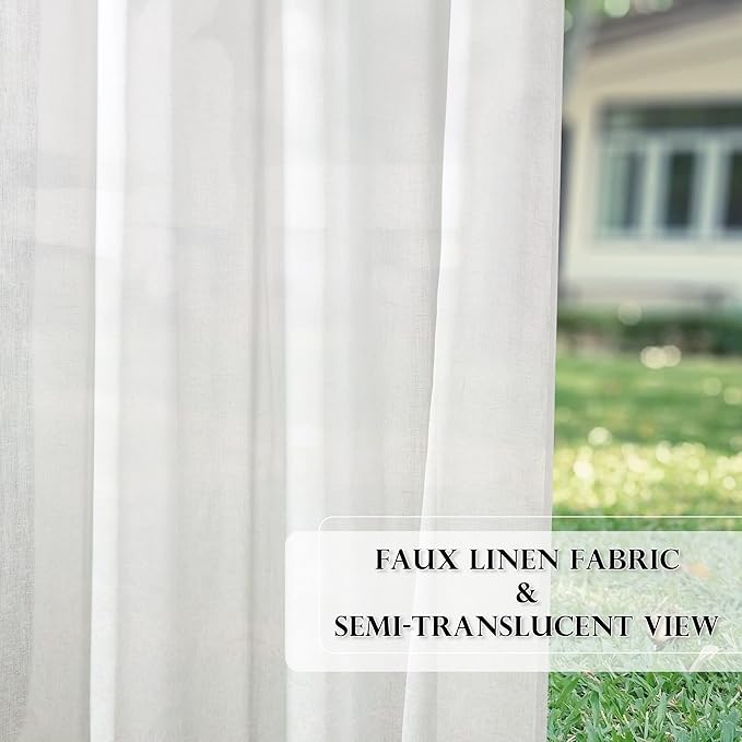 RYB HOME Sheer Curtains for Patio Outdoor, Linen Textured White Panel Grommet - Image 6