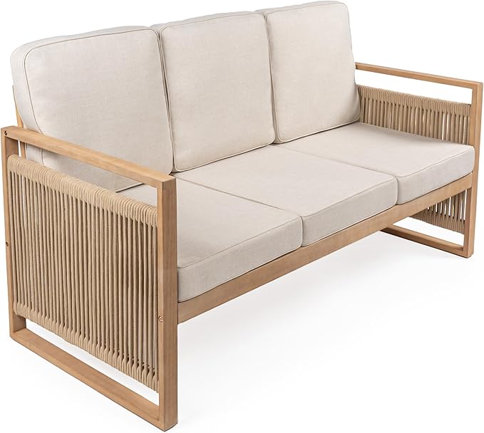 JONATHAN Y SFB1002A Gable 3-Seat Mid-Century Modern Roped Acacia Wood Outdoor by JONATHANY