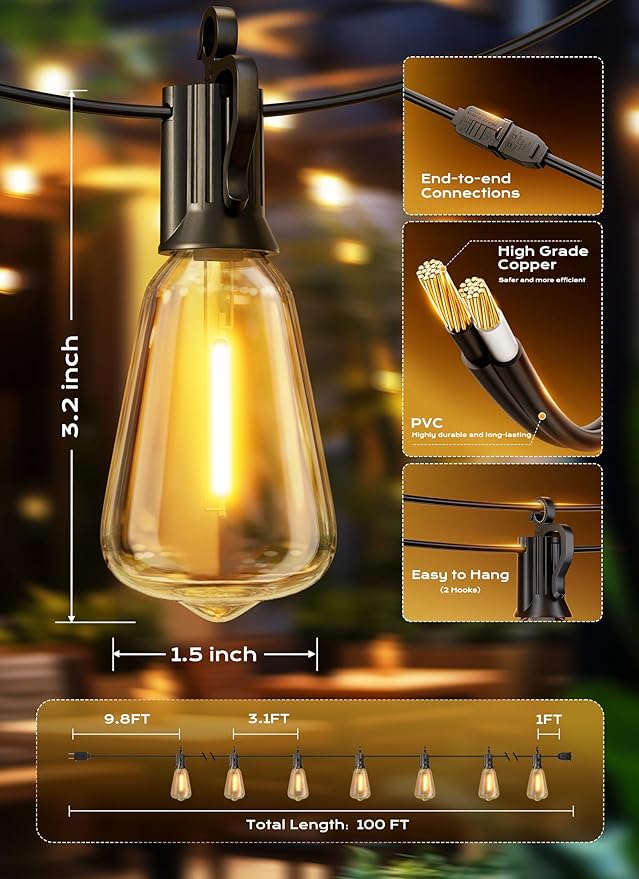 String Lights, 100ft Warm White Outdoor Patio Lights with 32 Shatterproof Bulbs